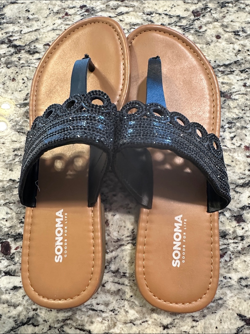 Sonoma Black Sequin Scalloped Toe-Post Sandals